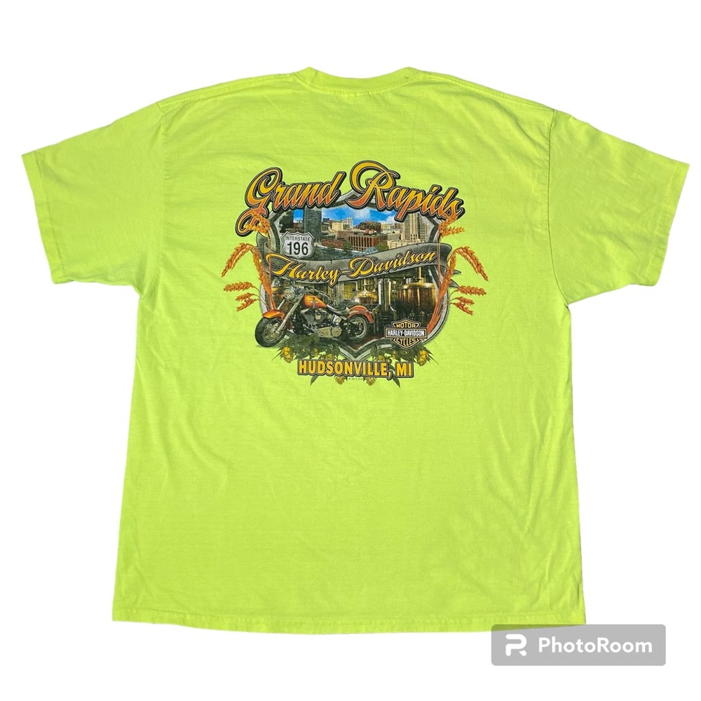 Harley Davidson Grand Rapids Michigan Mens T shirt XL Neon Yellow Biker Tees - Picture 4 of 7